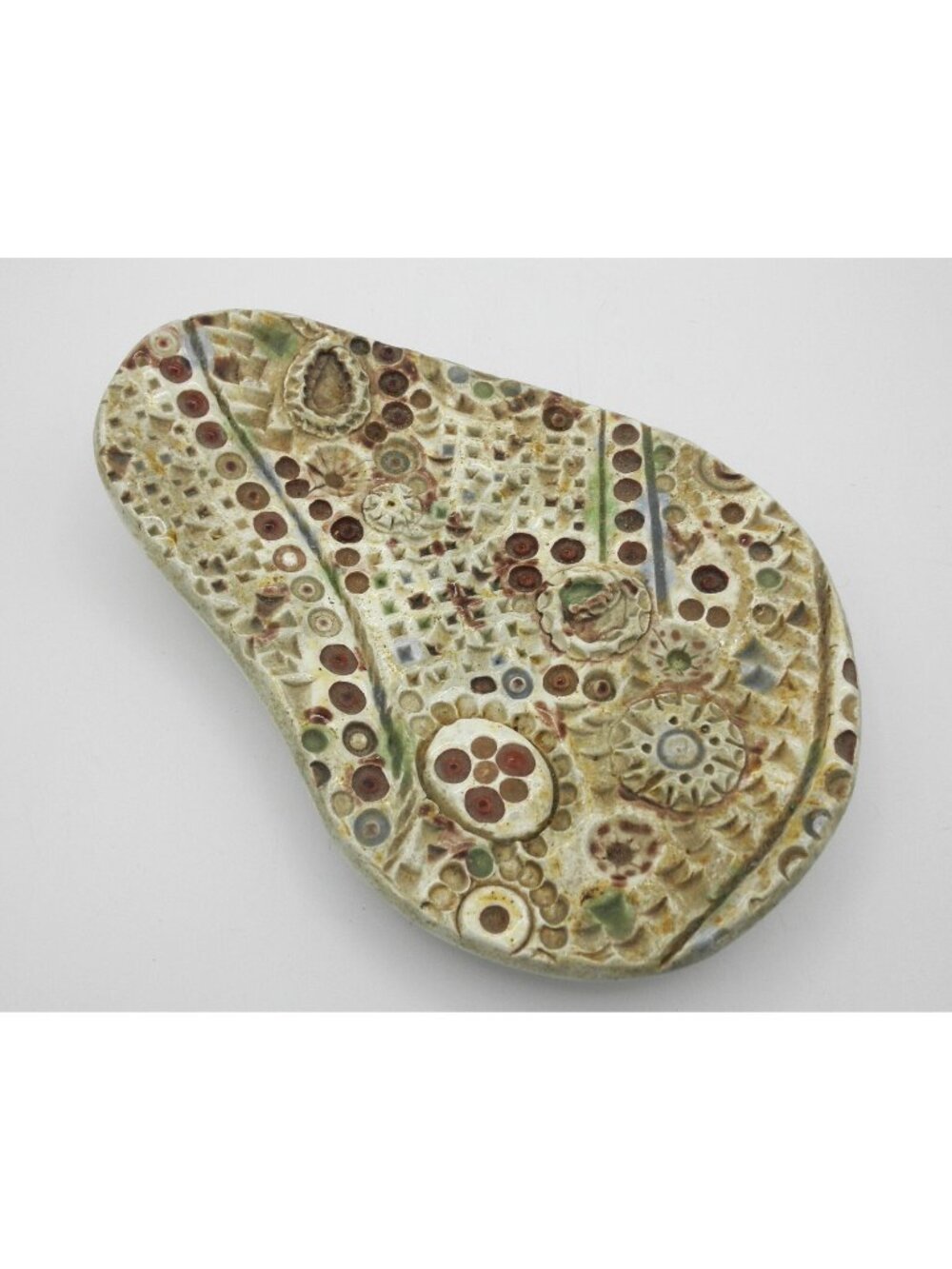 Art Pottery  Spoon Rest Trinket Dish Abstract Textured Footed Earth-tone Colors